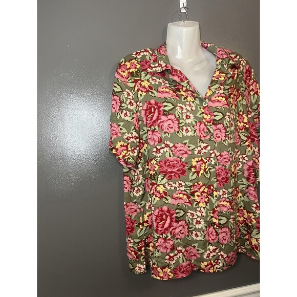 Le Studio Classic Shirt Womens Large Pink Red Green Floral Button Up Rayon USA - Picture 2 of 8